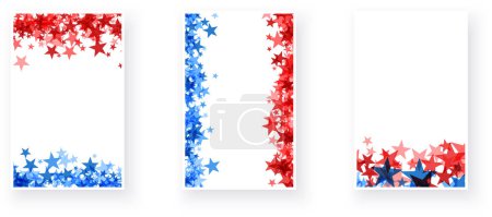 Foto de Un trío de diseños vibrantes con ráfagas de estrellas rojas y azules, evocando un ambiente festivo y patriótico - Imagen libre de derechos