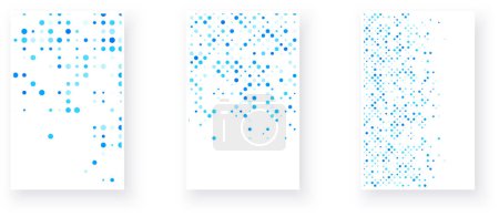 A trio of abstract designs with varying patterns of blue circles, pixelated reminiscent of digital art. Vector illustration