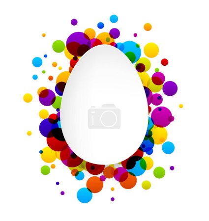 Foto de Un huevo blanco crujiente situado en el centro, rodeado de una ráfaga de puntos confeti multicolores, que representa una celebración festiva y alegre. - Imagen libre de derechos
