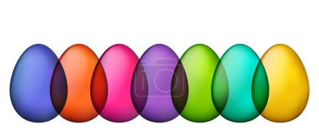 Foto de Una hilera perfecta de huevos de Pascua brillantes, cada uno mostrando un tono vibrante diferente de una paleta de arco iris, mostrando un acabado brillante y suave. - Imagen libre de derechos