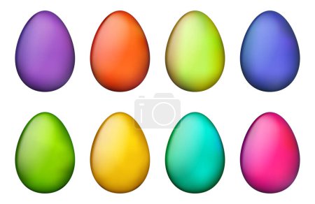 Foto de Una variedad de huevos de Pascua, cada uno representado en un gradiente de colores ricos, incluyendo púrpura, naranja, lima, azul, verde, amarillo, verde azulado y rosa, listo para la celebración de las fiestas. - Imagen libre de derechos