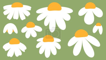 Foto de Margaritas blancas caprichosas con centros naranjas flotan sobre un fondo verde oliva, ofreciendo un ambiente lúdico y natural. - Imagen libre de derechos