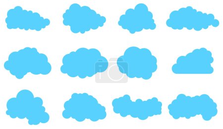 Collection of twelve blue cloud-shaped icons in various styles. Ideal for weather forecasts, app designs, and creative projects requiring cloud graphics.