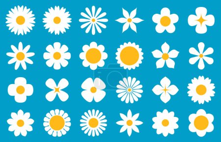 Una variedad de ilustraciones de margaritas en blanco y amarillo, que muestran diferentes diseños de pétalos sobre un fondo azul sereno, evoca una alegre sensación de primavera.