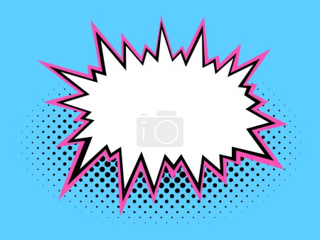 Vivid pop art explosion burst with pink jagged edges and halftone shadow effect on a bright blue background, perfect for vibrant retro-themed designs.