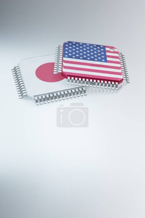 Foto de 3d renderizado de microchip o chip semiconductor en la bandera de los países, para la informática o la cadena de suministro de tecnología. - Imagen libre de derechos
