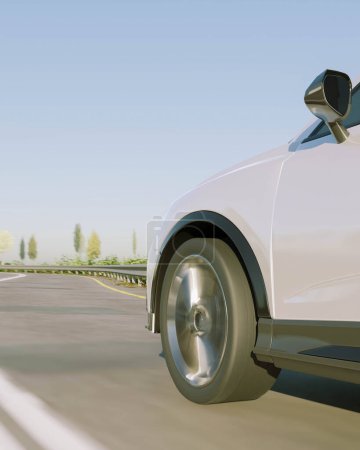 Foto de 3d renderizado de coche de conducción o vehículo de crucero en carretera carretera para el viaje y el concepto de transporte. - Imagen libre de derechos