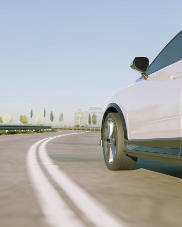 Foto de 3d renderizado de coche de conducción o vehículo de crucero en carretera carretera para el viaje y el concepto de transporte. - Imagen libre de derechos