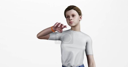 3D-Darstellung einer Frau, die Uhr, Armband oder intelligente Uhr für Übung, Zeit- oder Aktivitätsverfolgung überprüft