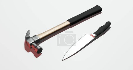 Foto de 3d aislado renderizado de martillo garra y cuchillo de casa para la violencia doméstica o el concepto de arma del crimen - Imagen libre de derechos