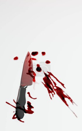 Foto de 3d renderizado de cuchillo de cocina con mancha de sangre para la escena del crimen o concepto de violencia doméstica - Imagen libre de derechos