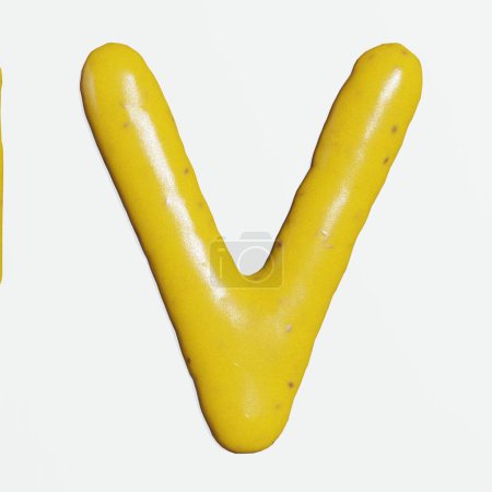 Foto de 3d renderizado de letras o alfabetos de salsa de mostaza para comida o concepto de cocina de restaurante - Imagen libre de derechos
