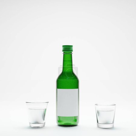 3d render of isolated studio korean soju bottle alcohol beverage and glass for drinking or drunk concept