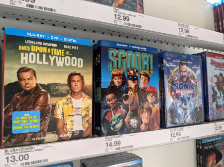 Photo for Honolulu - Hawaii - September 28, 2021:  Rows of Blu-Ray on display at Target featuring movies Once Upon a Time in... Hollywood. Scoob!, Sonic The Hedgehog, Spider-Man, News of the world. - Royalty Free Image