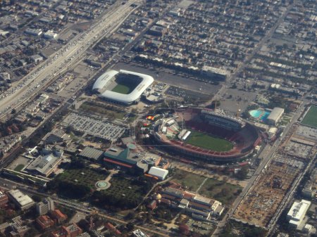 Photo for Los Angeles - October 26, 2018: Aerial of Los Angeles Memorial Coliseum, Banc of California Stadium, LA84 Foundation/John C. Argue Swim Stadium, California Science Center, and Natural History Museum of Los Angeles County. The stadium serves as the ho - Royalty Free Image