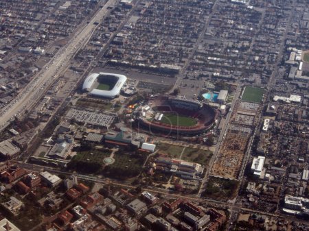 Photo for Los Angeles - October 26, 2018: Aerial of Los Angeles Memorial Coliseum, Banc of California Stadium, LA84 Foundation/John C. Argue Swim Stadium, California Science Center, and Natural History Museum of Los Angeles County. The stadium serves as the ho - Royalty Free Image