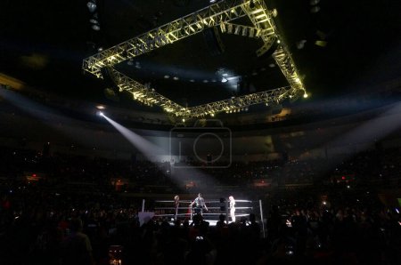 Foto de Honolulu, Hawaii - June 29, 2016: WWE wrestlers Natalya Neidhart vs Asuka face off in ring at WWE event at the Neal S. Blaisdell Center. - Imagen libre de derechos