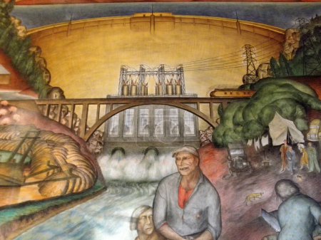 Foto de San Francisco - January 20, 2011: Experience the history and art of San Francisco with this stunning section of the Diego Rivera mural at Coit Tower. The mural, painted in 1934, features a California Industrial Scene with a bridge, power plant and da - Imagen libre de derechos