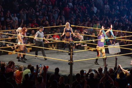 Téléchargez les photos : San Jose - 27 mars 2015 : Alexa Bliss et Bayley de NXT Wrestlers enflamment la foule alors que Becky Lynch et Dana Brooke regardent sur le ring lors de l "événement Live. - en image libre de droit