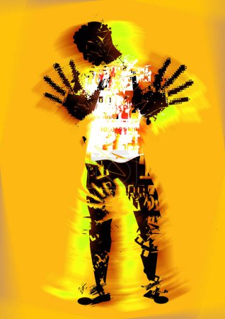 Foto de Joven negro desesperado, víctima de la violencia y el racismo.Ilustración de la silueta grunge masculina estilizada con brazos en posición defensiva. - Imagen libre de derechos