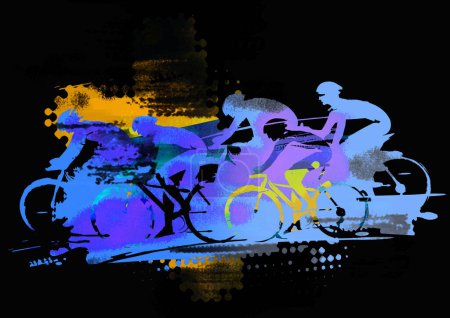 Foto de Carrera ciclista, MTB cycling.Expresivo dibujo estilizado de un grupo de ciclistas a toda velocidad. Fondo negro. - Imagen libre de derechos