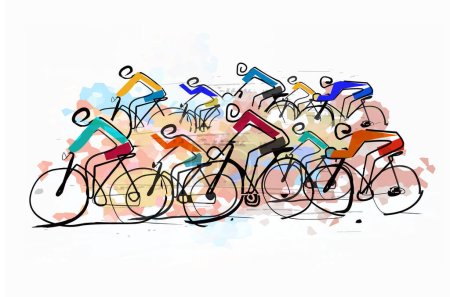 Cycling race,peloton, line art stylized.Illustration of group of cyclists on a road. Imitation of watercolor painting.
