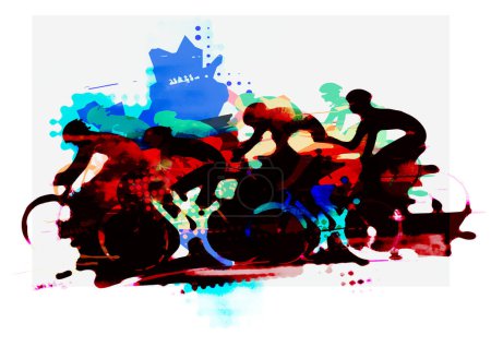 Foto de Carrera de ciclismo, MTB ciclismo. Expresivo dibujo difuminado estilizado de un grupo de ciclistas a toda velocidad. Imitación de la pintura de acuarela. Aislado sobre fondo blanco. - Imagen libre de derechos