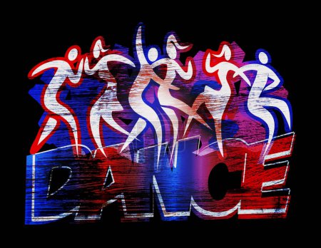 Junge Partygänger, Disco-Tanz. Ausdrucksstarke Grunge stilisierte Illustration von Silhouetten tanzender Menschen mit DANCE-Inschrift.