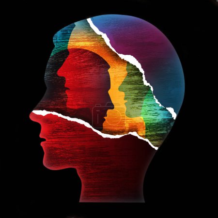 Esquizofrenia, trastorno bipolar, concepto de salud mental.Papel rasgado Siluetas estilizadas de cabeza masculina. Ilustración Aislado sobre fondo negro.