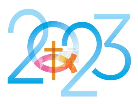 Ilustración de El símbolo del pez Jesús, año nuevo. 2023 año nuevo con Jesús pez símbolo con cruz. Aislado sobre fondo blanco. Vector disponible. - Imagen libre de derechos