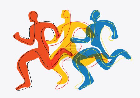 Illustration for Running race, marathon, jogging, line art stylized. Stylized illustration of three running racers. Continuous line drawing design.Isolated on white background. Vector available. - Royalty Free Image