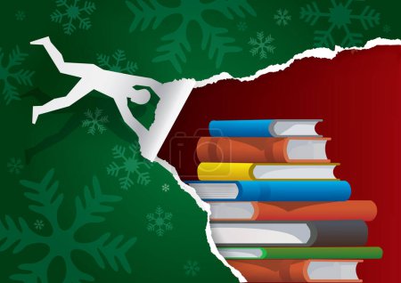 Illustration for Flying man tearing Christmas wrapping paper, discovering books.Stylized male silhouette ripping green paper background with snowflakes and discovering books. Vector available. - Royalty Free Image