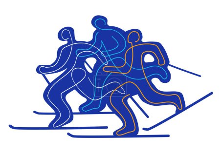 Illustration for Cross-country skiing,ski alp, competition. llustration of nordic skiing competitors on white background. Continuous line drawing design. Vector available. - Royalty Free Image