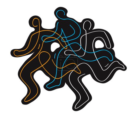 Illustration for Running race, marathon, jogging, line art stylized. Stylized illustration of three running racers. Continuous line drawing design with black silhouettes. Vector available. - Royalty Free Image