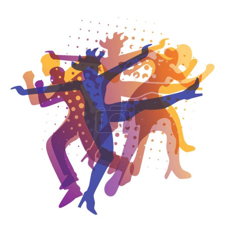Illustration for Modern dance, young party people dancing in disco club.Expressive colorful illustration of dancing people stylzed silhouettes. Vector available. - Royalty Free Image