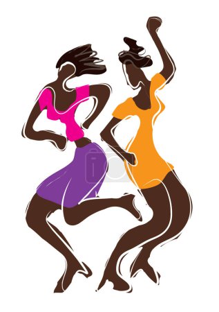 Illustration for Disco dancer, attractive black girls.Expressive colorful illustration of two dancing women. Isolated on white background. Vector available. - Royalty Free Image