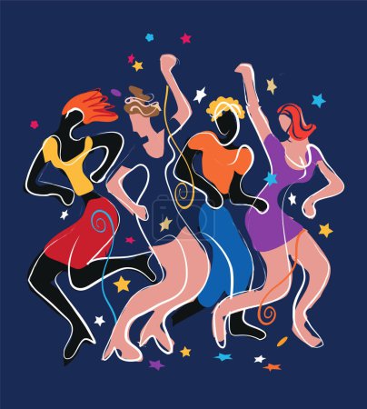 Illustration for Young party people dancing in disco club,New Year celebration. Expressive colorful illustration of dancing people on blue background. Vector available. - Royalty Free Image