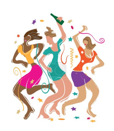 Illustration for Disco dancers, three girls, New Year celebration.Expressive colorful illustration of lively dancing young women on white background. Vector available. - Royalty Free Image