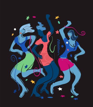 Illustration for Disco dancers, three girls, New Year celebration.Expressive colorful illustration of lively dancing young women on black background. Vector available. - Royalty Free Image