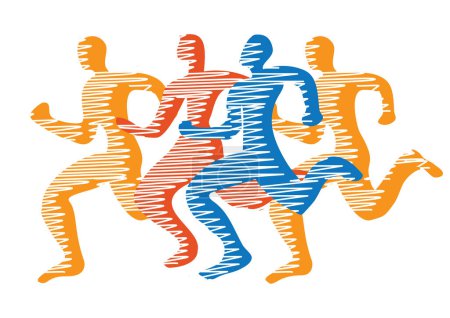 Illustration for Running race, marathon, jogging.. Stylized illustration of four running racers.Isolated on white background. Vector available. - Royalty Free Image