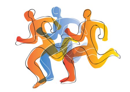 Illustration for Running race, marathon, jogging, line art stylized. Stylized illustration of three running racers. Continuous line drawing design.Isolated on white background. Vector available - Royalty Free Image
