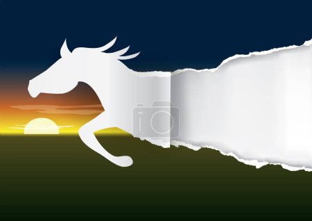 Illustration for Horse silhouette ripping paper with abstract sunset landscape. Paper silhouette of running horse tearing paper background. banner template. Place for your text or image. Vector illustration. - Royalty Free Image