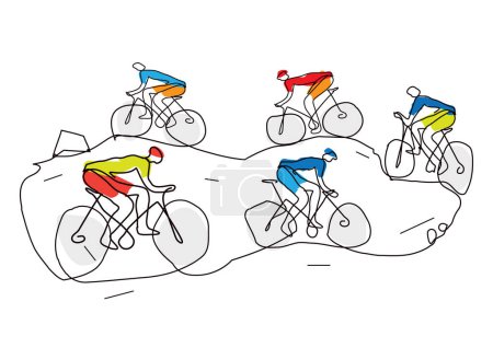 Ilustración de Mountain bike, cyclo-cross competition, cycling race, line art stylized.Funny Illustration of mtb extreme biking. Continuous Line Drawing.Isolated on white background. Vector available. - Imagen libre de derechos