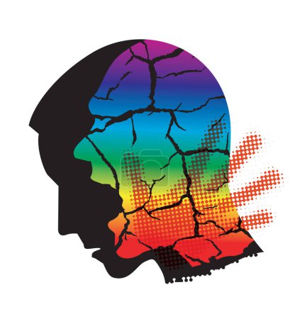 Ilustración de Young man homosexual, cracked silhouette of screaming man, victim of hate and violence.Stylized male silhouette with hand print after hand slap. Vector available. - Imagen libre de derechos