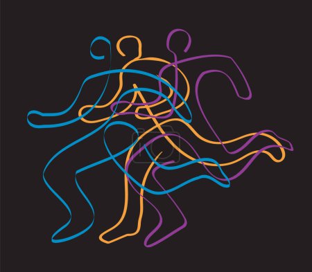 Illustration for Running race, marathon, jogging, line art stylized.Stylized illustration of three running racers. Continuous line drawing design.Isolated on black background. Vector available. - Royalty Free Image