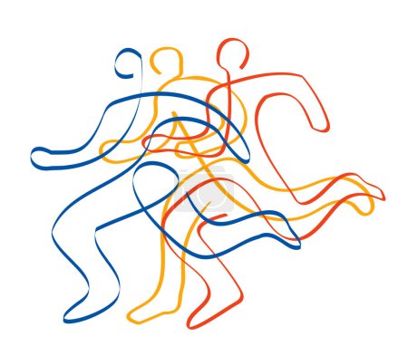 Illustration for Running race, marathon, jogging, line art stylized.Stylized illustration of three running racers. Continuous line drawing design.Isolated on white background. Vector available. - Royalty Free Image