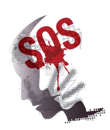 Illustration for Victim of Violence, war, two men. Human head silhouettes with hand print on the face and bleeding SOS inscription. Vector available. - Royalty Free Image