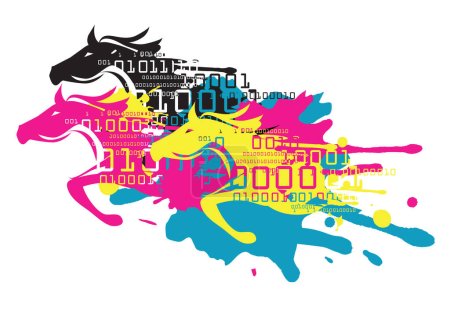 Impresión a color rápida, datos de impresión. Ilustración de caballos corriendo en los colores del modo de color CMYK y códigos binarios. Concepto para la presentación de la impresión en color. Vector disponible.