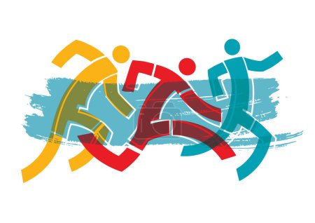 Illustration for Running race, marathon, jogging, three runners.Abstract stylized colorful illustration of running race on brush stroke background. Vector available. - Royalty Free Image