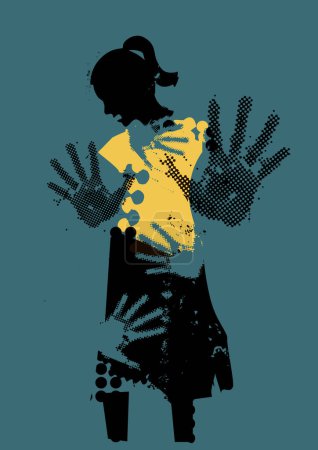 Illustration for Frightened woman, victim of sexual violence.Grunge stylized young woman silhuette with arms in defensive position and hand prints on the body, blue background. Vector available. - Royalty Free Image